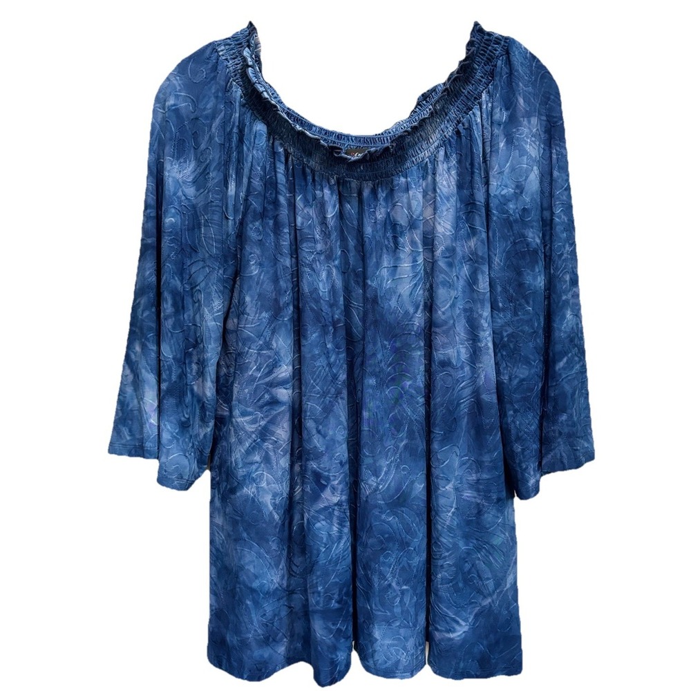 Cocomo‎ Blue Tie Dye Blouse Smocked Off Shoulder Neck Size XL 3/4 Sleeve Soft